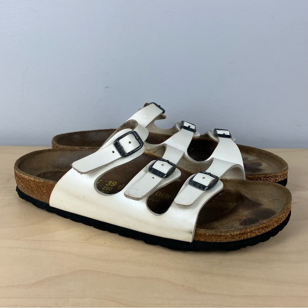 Birkenstock Women’s Size 39 / 8.0 Florida White Leather 3 Strap Cork Sandals - Picture 1 of 15